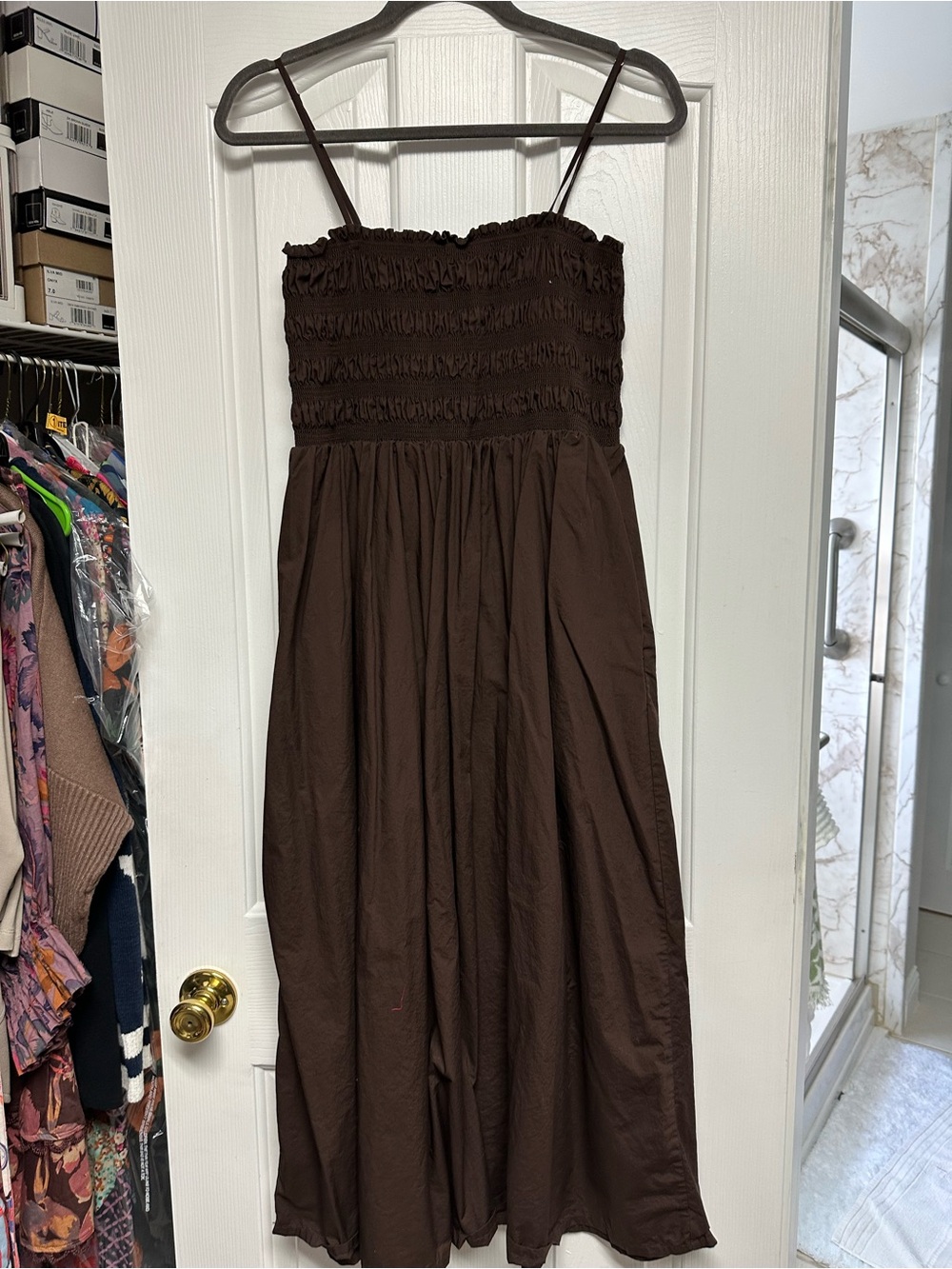 LOFT Brown Smocked Bodice Midi Dress